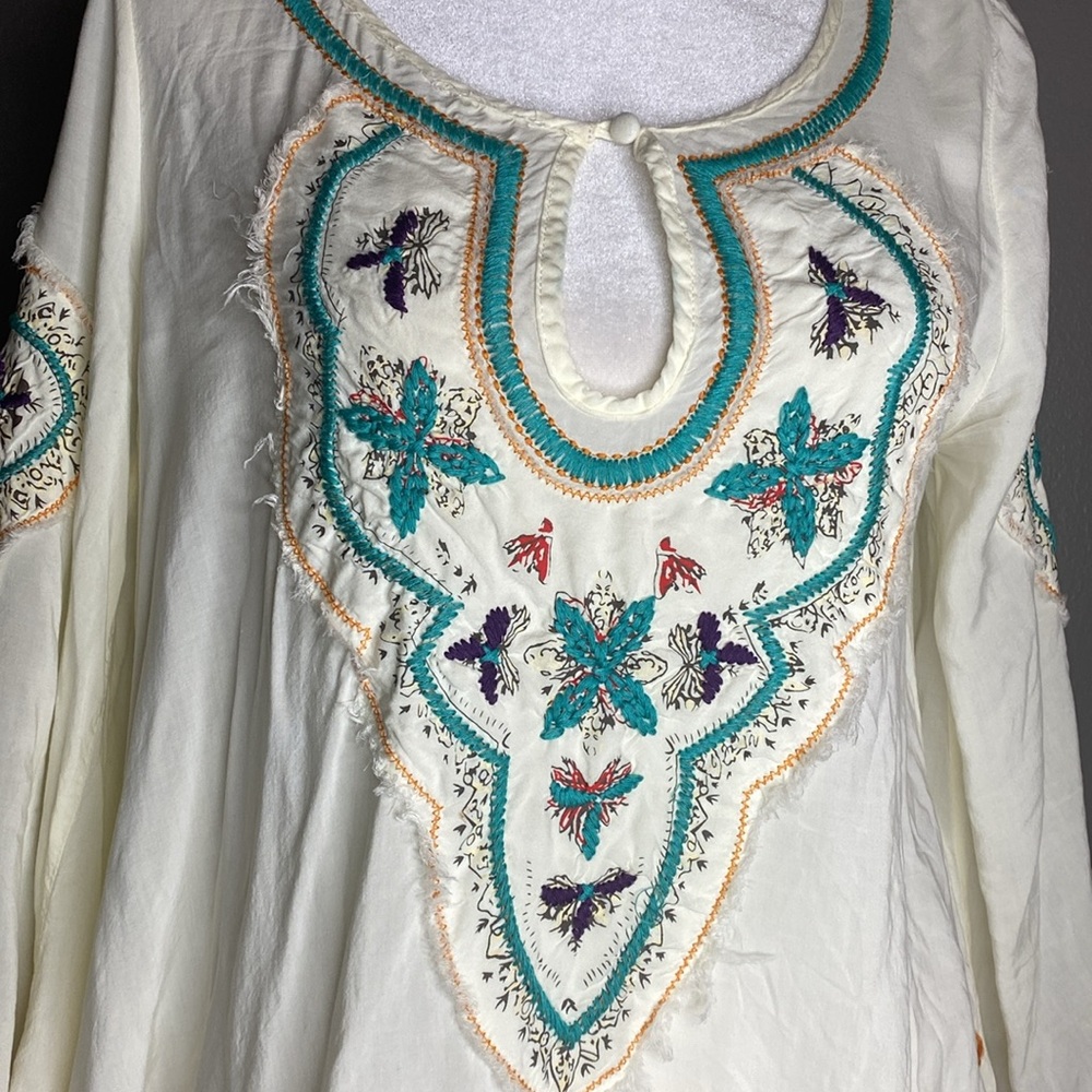Love Stitch Cream Embroidered Fringe 3/4 Sleeve Bohemian Blouse - Size S - Picture 2 of 8